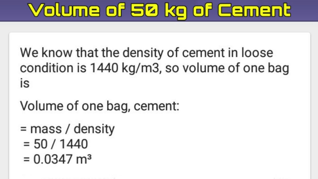 How to calculate volume of 50kg bag of cement